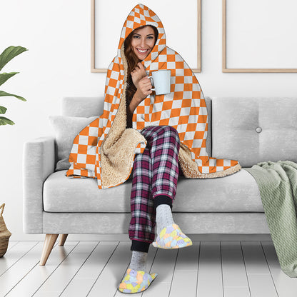 Orange And White Checkered Pattern Print Hooded Blanket