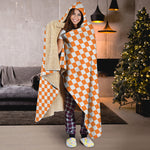 Orange And White Checkered Pattern Print Hooded Blanket