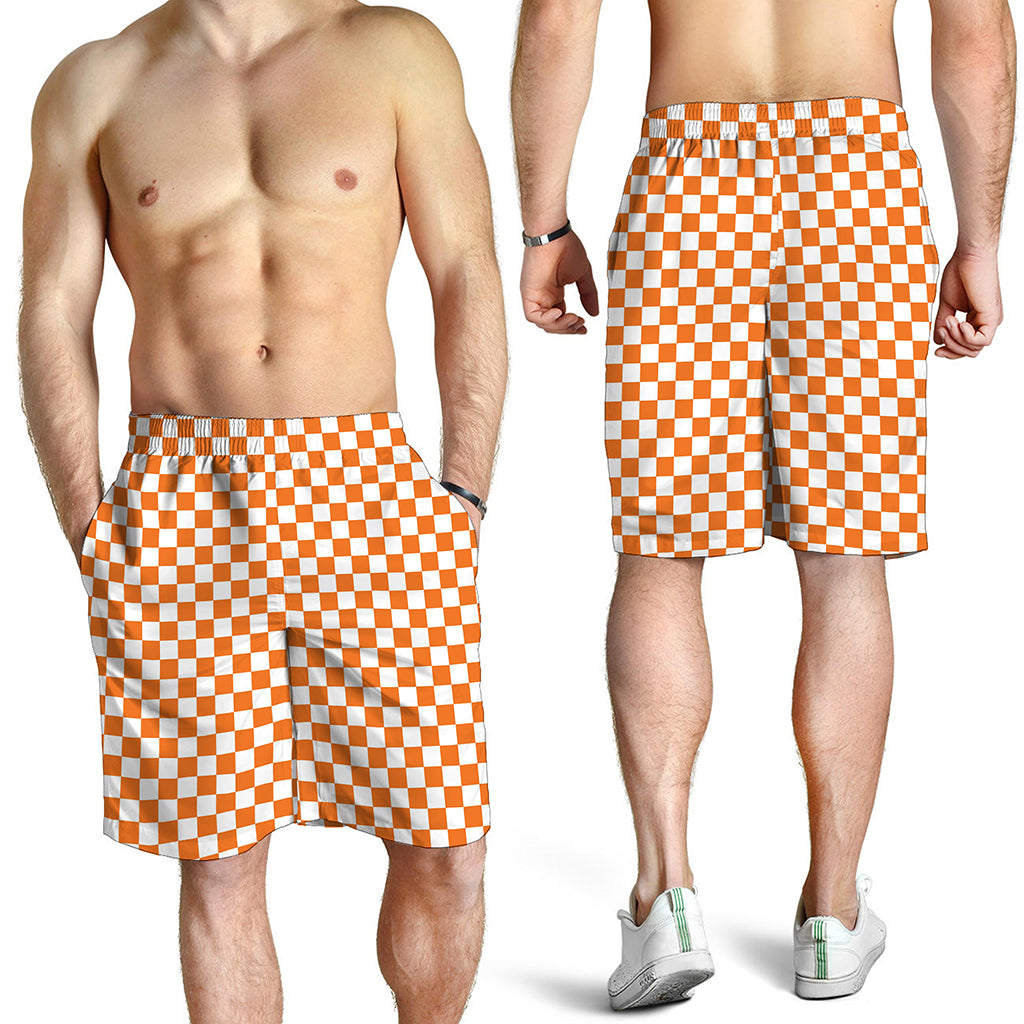 Orange And White Checkered Pattern Print Men's Shorts