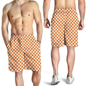 Orange And White Checkered Pattern Print Men's Shorts