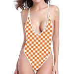 Orange And White Checkered Pattern Print One Piece High Cut Swimsuit