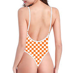 Orange And White Checkered Pattern Print One Piece High Cut Swimsuit