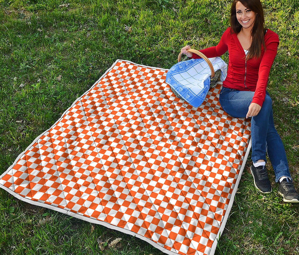 Orange And White Checkered Pattern Print Quilt