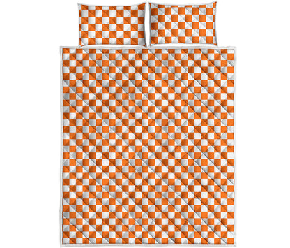Orange And White Checkered Pattern Print Quilt Bed Set