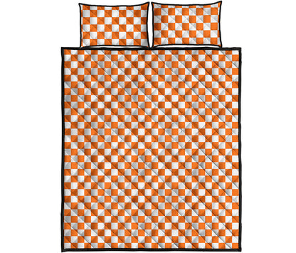 Orange And White Checkered Pattern Print Quilt Bed Set