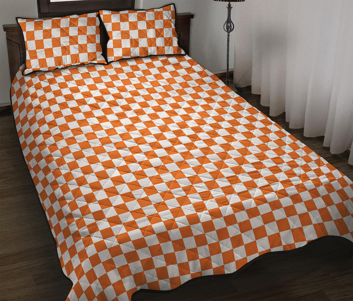Orange And White Checkered Pattern Print Quilt Bed Set