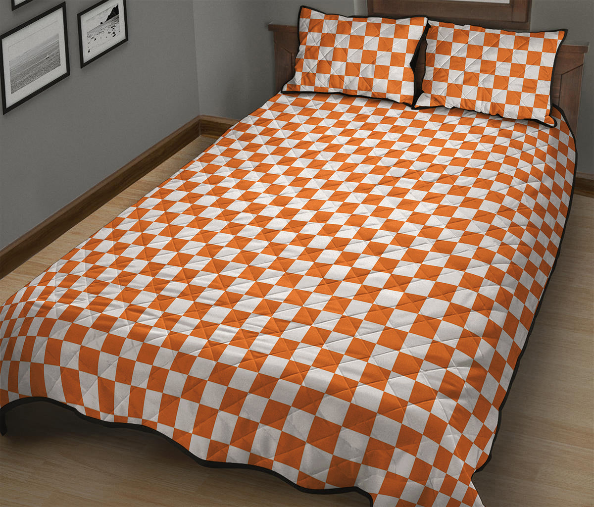 Orange And White Checkered Pattern Print Quilt Bed Set