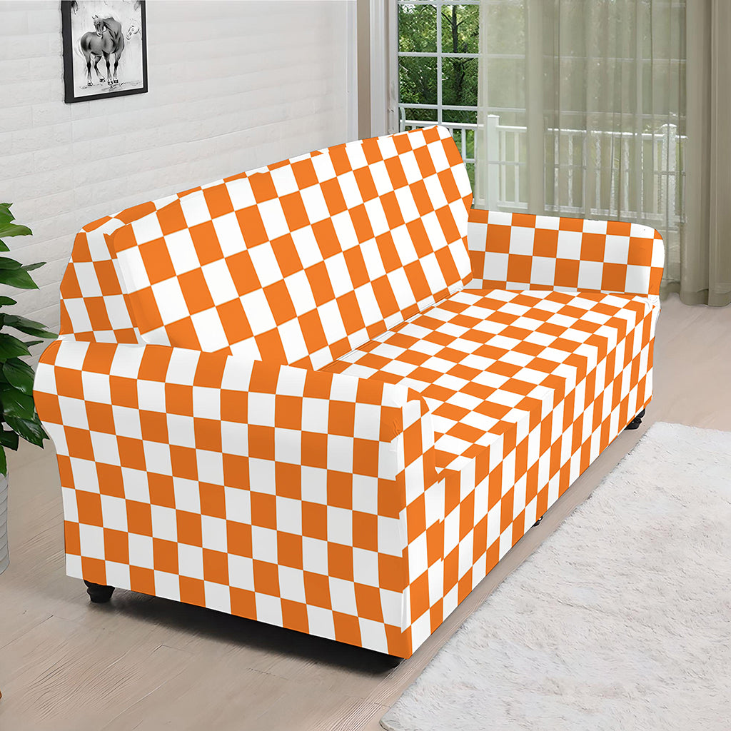 Orange And White Checkered Pattern Print Sofa Cover