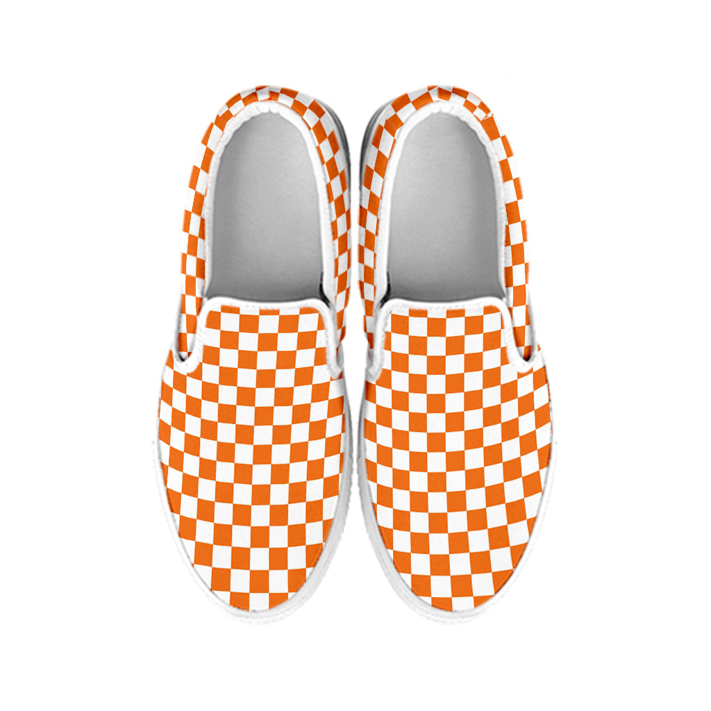 Orange And White Checkered Pattern Print White Slip On Shoes