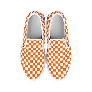 Orange And White Checkered Pattern Print White Slip On Shoes