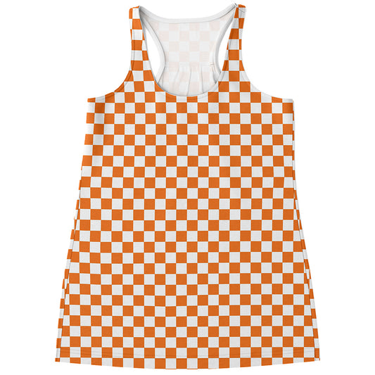 Orange And White Checkered Pattern Print Women's Racerback Tank Top