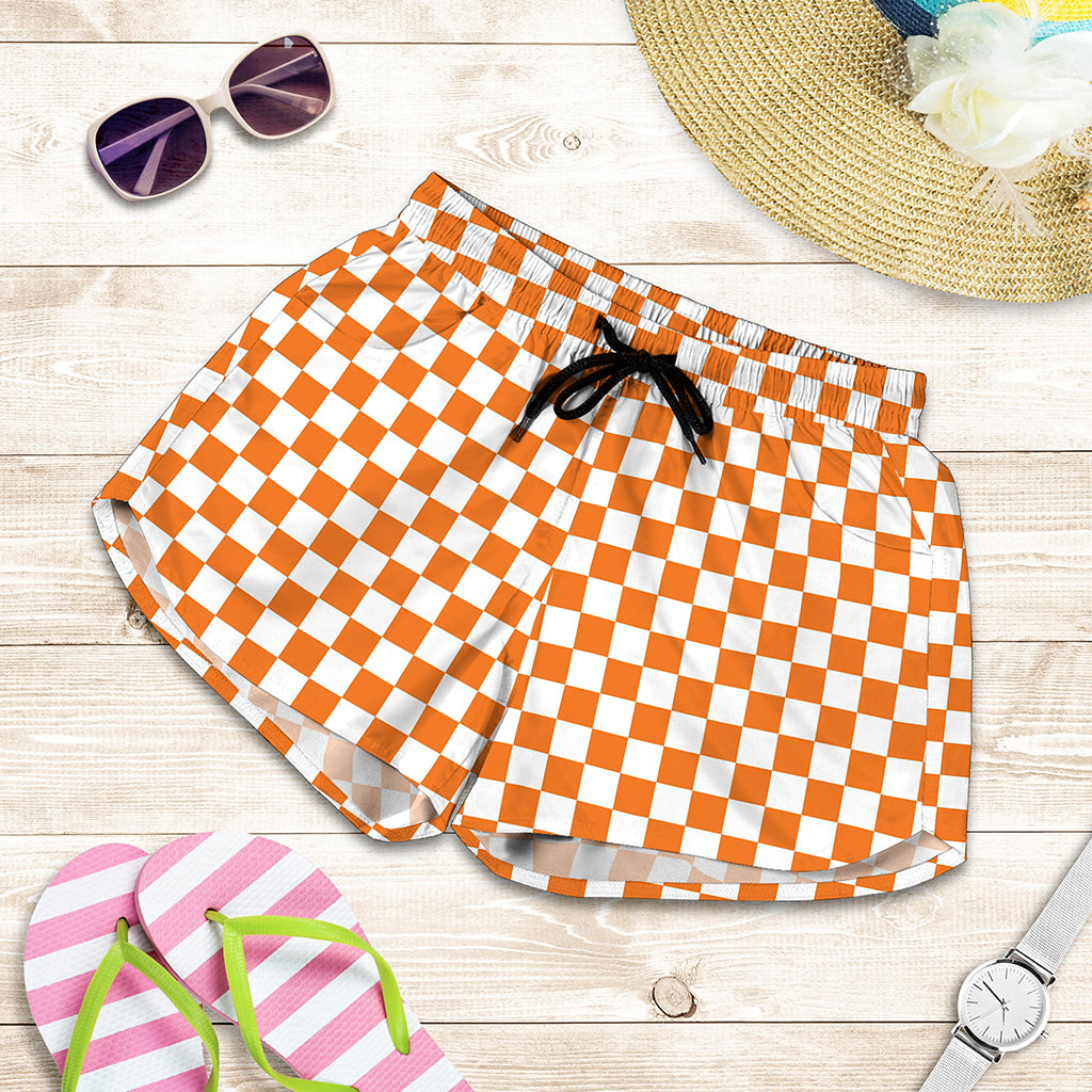 Orange And White Checkered Pattern Print Women's Shorts