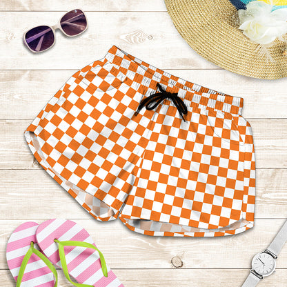 Orange And White Checkered Pattern Print Women's Shorts