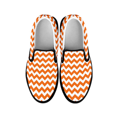 Orange And White Chevron Pattern Print Black Slip On Shoes