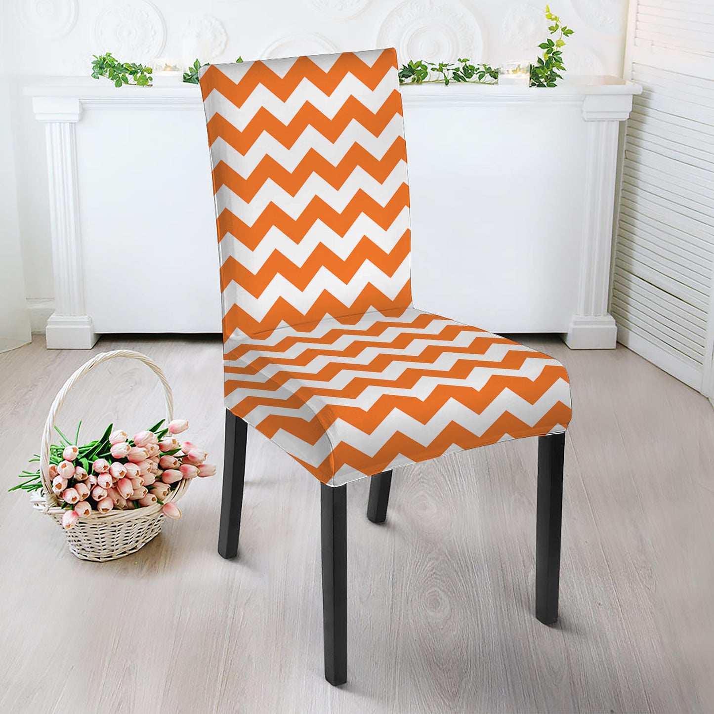 Orange And White Chevron Pattern Print Dining Chair Slipcover