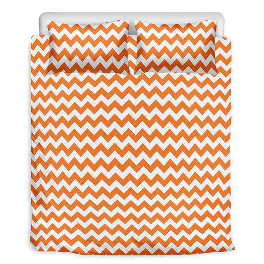 Orange And White Chevron Pattern Print Duvet Cover Bedding Set