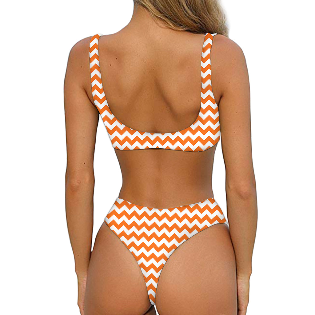Orange And White Chevron Pattern Print Front Bow Tie Bikini