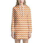 Orange And White Chevron Pattern Print Hoodie Dress