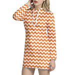 Orange And White Chevron Pattern Print Hoodie Dress