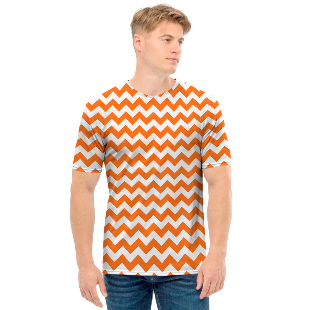 Orange And White Chevron Pattern Print Men's T-Shirt