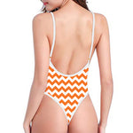 Orange And White Chevron Pattern Print One Piece High Cut Swimsuit