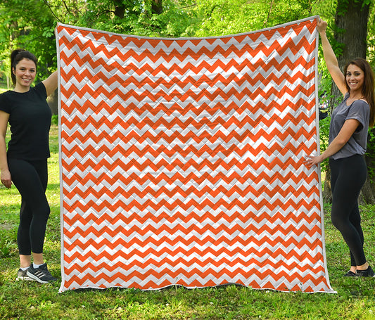 Orange And White Chevron Pattern Print Quilt