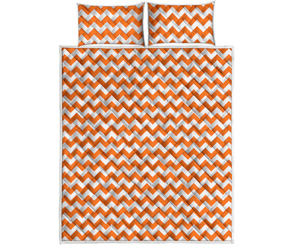 Orange And White Chevron Pattern Print Quilt Bed Set