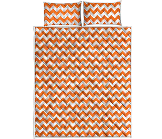 Orange And White Chevron Pattern Print Quilt Bed Set