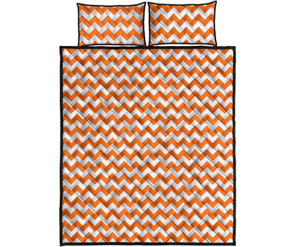 Orange And White Chevron Pattern Print Quilt Bed Set