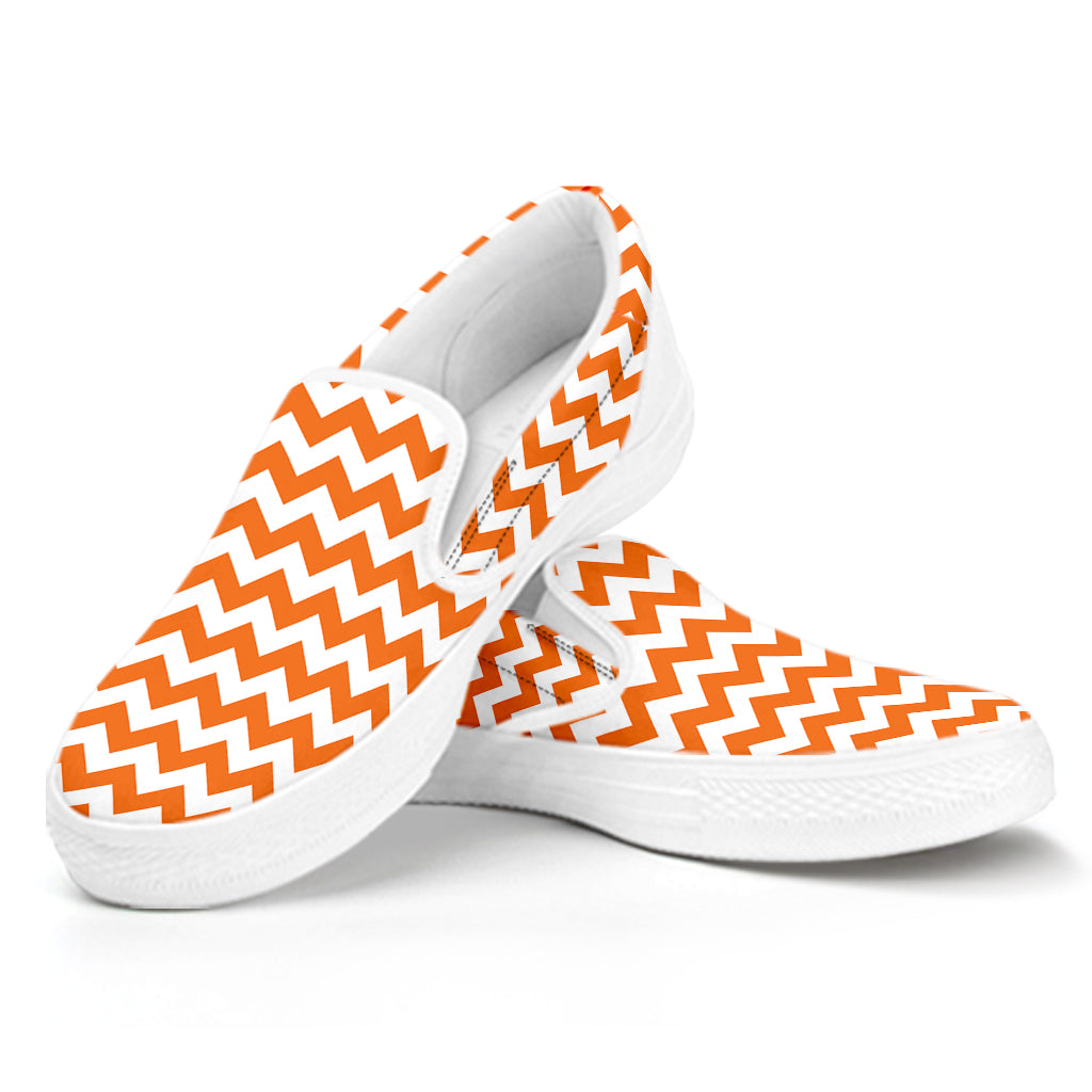 Orange And White Chevron Pattern Print White Slip On Shoes