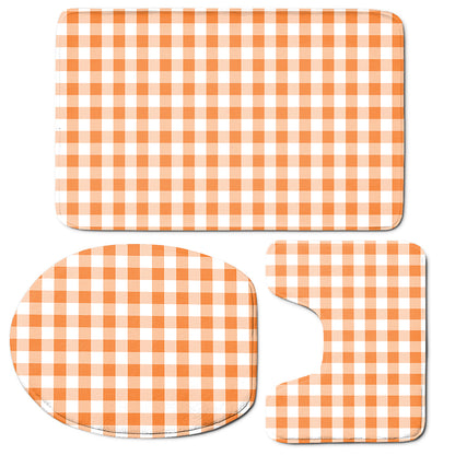 Orange And White Gingham Pattern Print 3 Piece Bath Mat Set