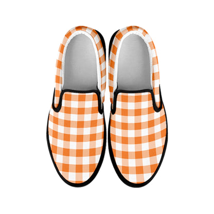 Orange And White Gingham Pattern Print Black Slip On Shoes