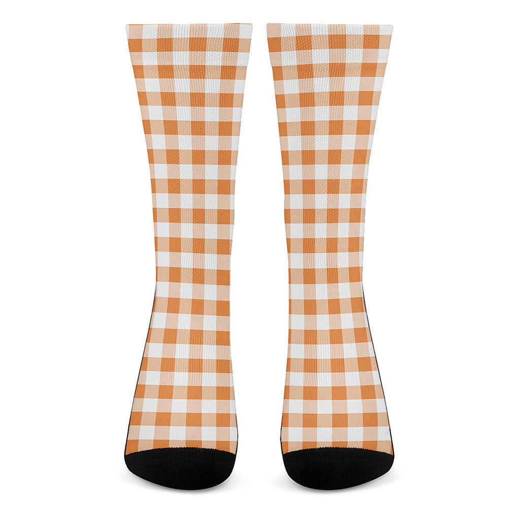 Orange And White Gingham Pattern Print Crew Socks