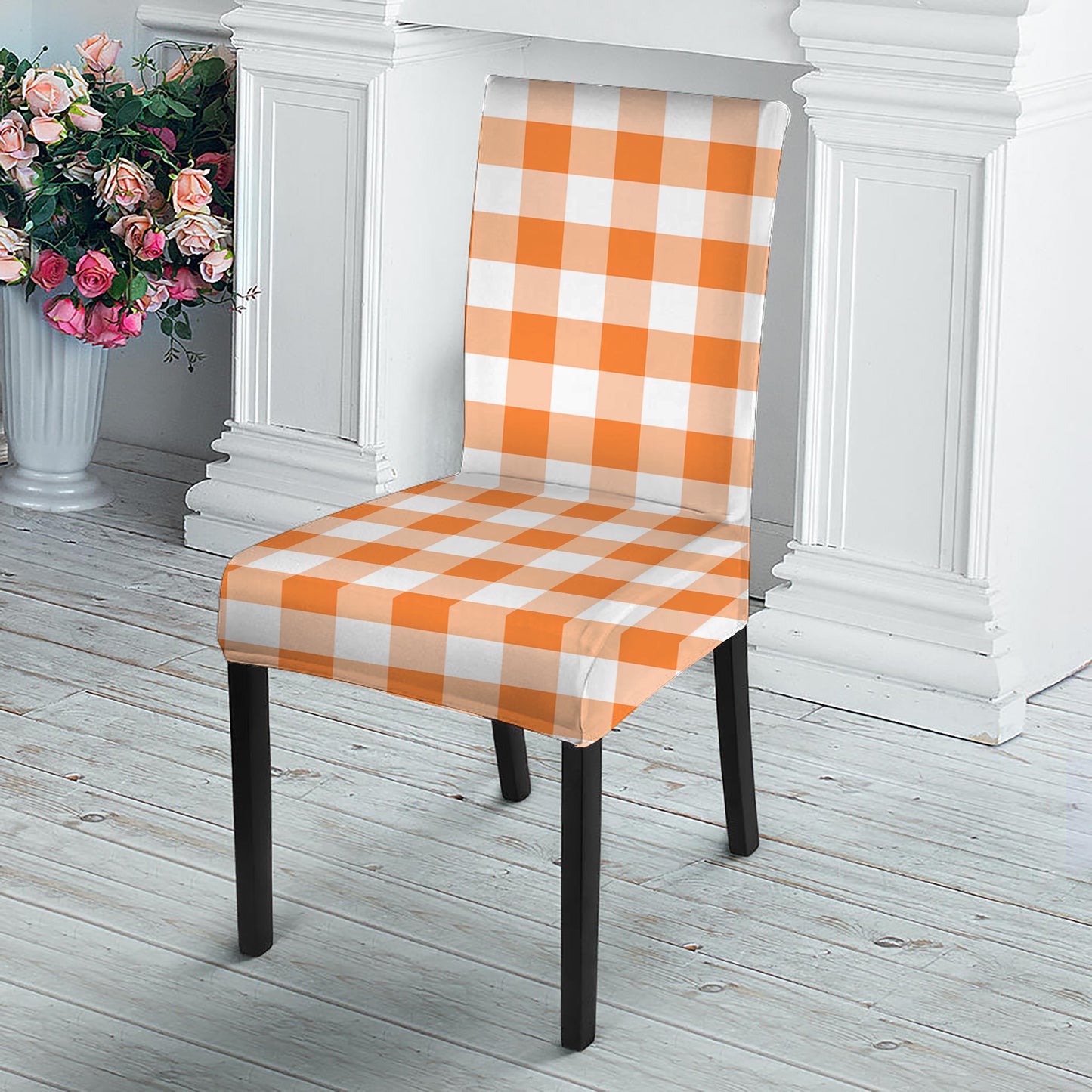 Orange And White Gingham Pattern Print Dining Chair Slipcover