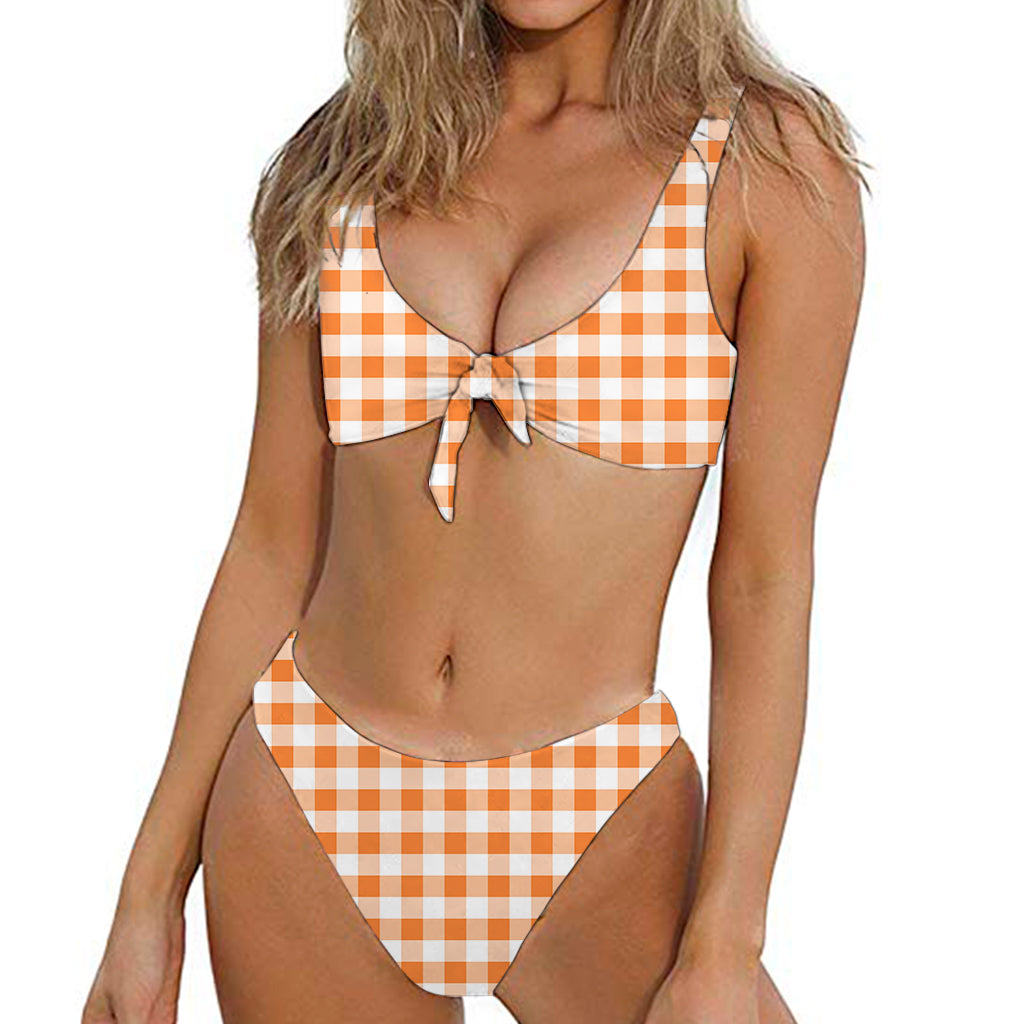 Orange And White Gingham Pattern Print Front Bow Tie Bikini