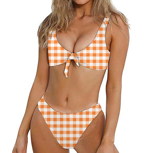 Orange And White Gingham Pattern Print Front Bow Tie Bikini
