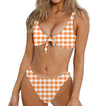 Orange And White Gingham Pattern Print Front Bow Tie Bikini