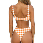 Orange And White Gingham Pattern Print Front Bow Tie Bikini