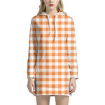 Orange And White Gingham Pattern Print Hoodie Dress