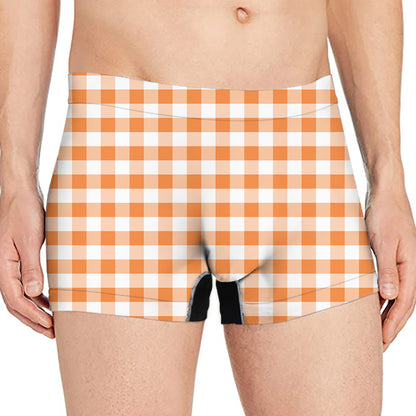 Orange And White Gingham Pattern Print Men's Boxer Briefs