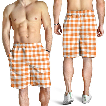 Orange And White Gingham Pattern Print Men's Shorts