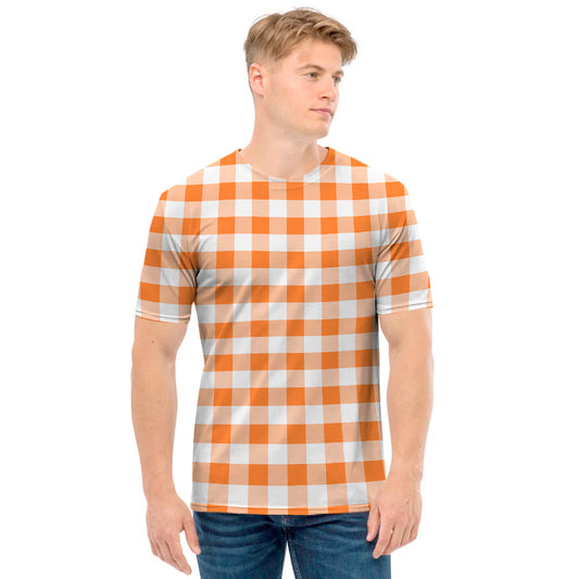 Orange And White Gingham Pattern Print Men's T-Shirt