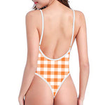 Orange And White Gingham Pattern Print One Piece High Cut Swimsuit