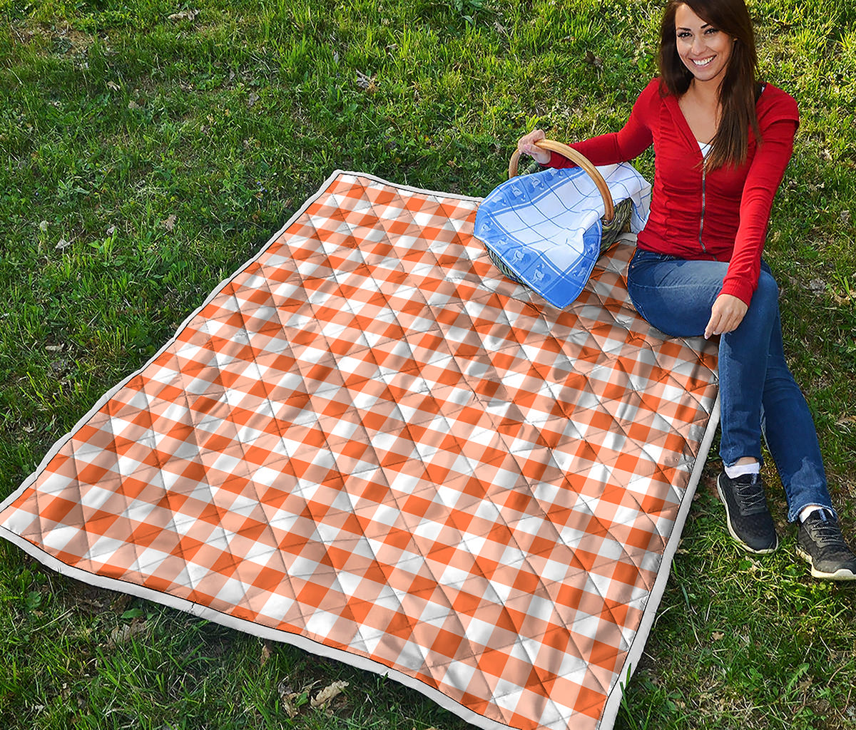 Orange And White Gingham Pattern Print Quilt