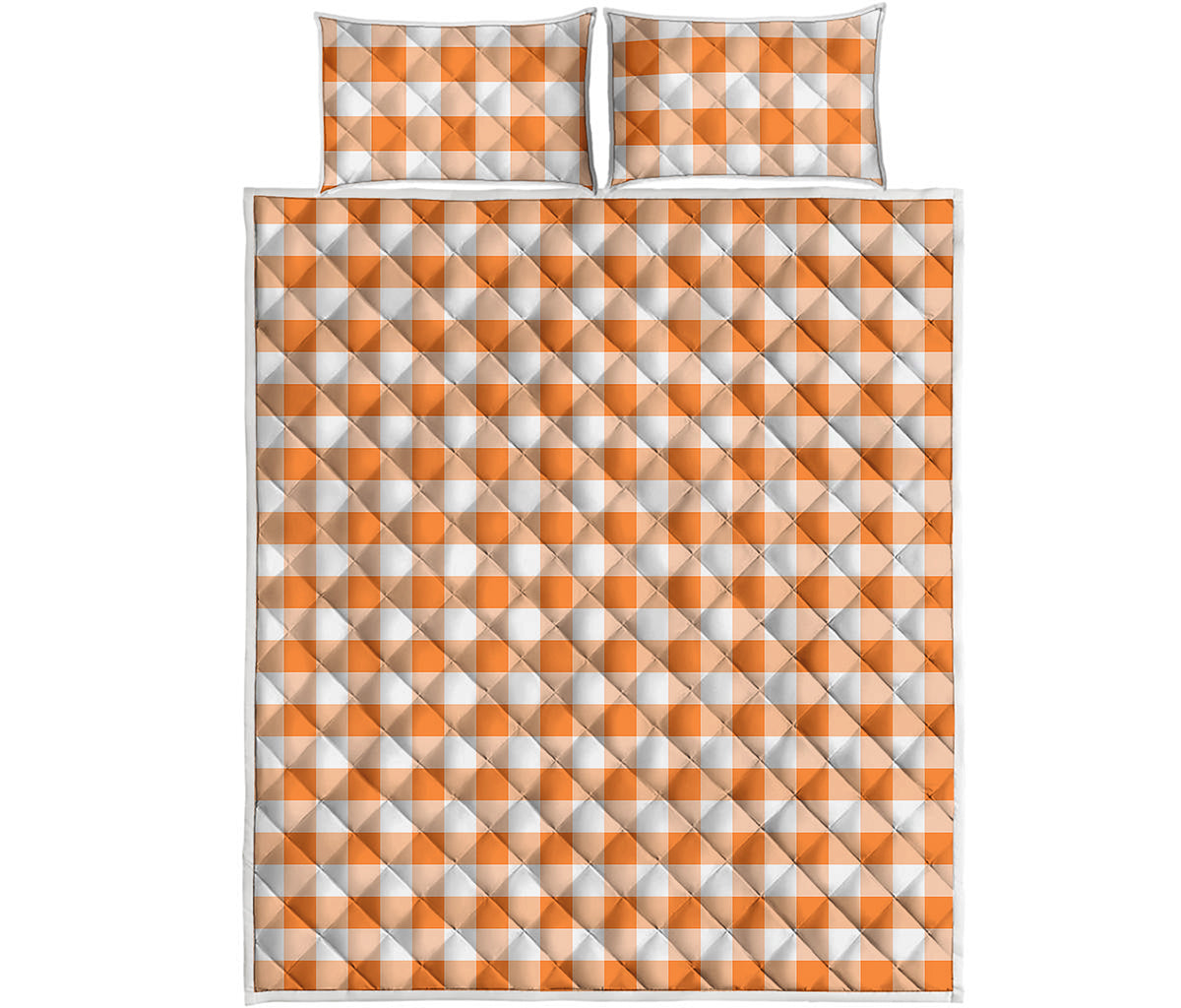 Orange And White Gingham Pattern Print Quilt Bed Set