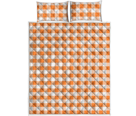 Orange And White Gingham Pattern Print Quilt Bed Set