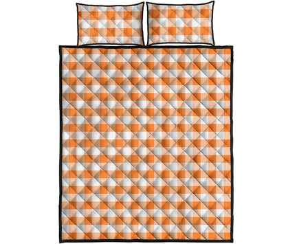Orange And White Gingham Pattern Print Quilt Bed Set