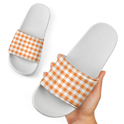 Orange And White Gingham Pattern Print White Slide Sandals