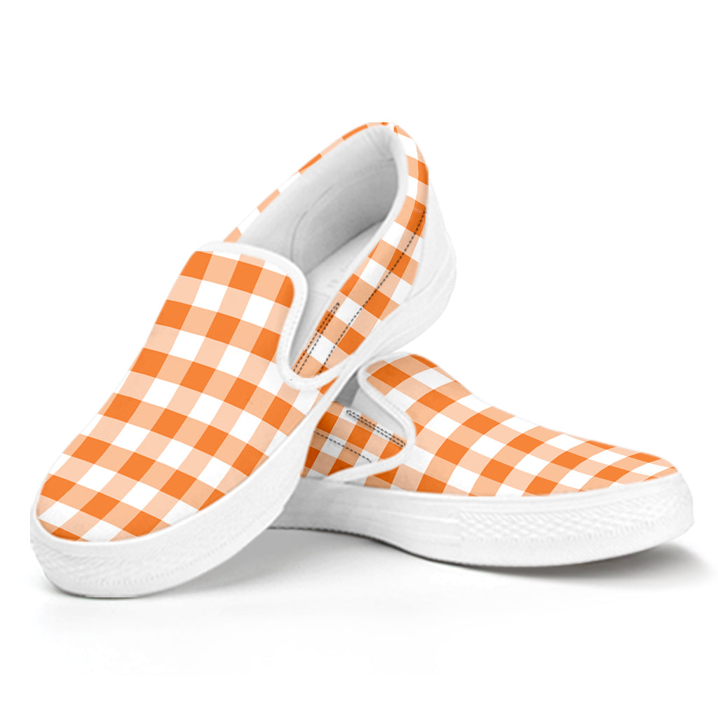 Orange And White Gingham Pattern Print White Slip On Shoes