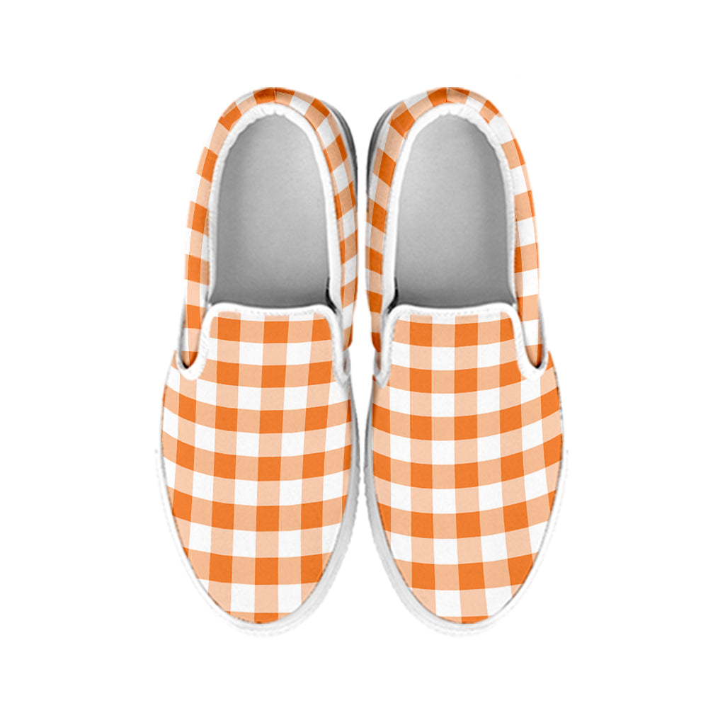 Orange And White Gingham Pattern Print White Slip On Shoes
